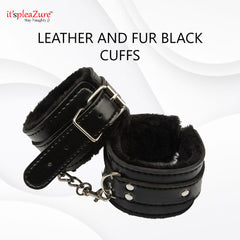 Dense Black Leather and Fur Hand Cuffs at Itspleazure