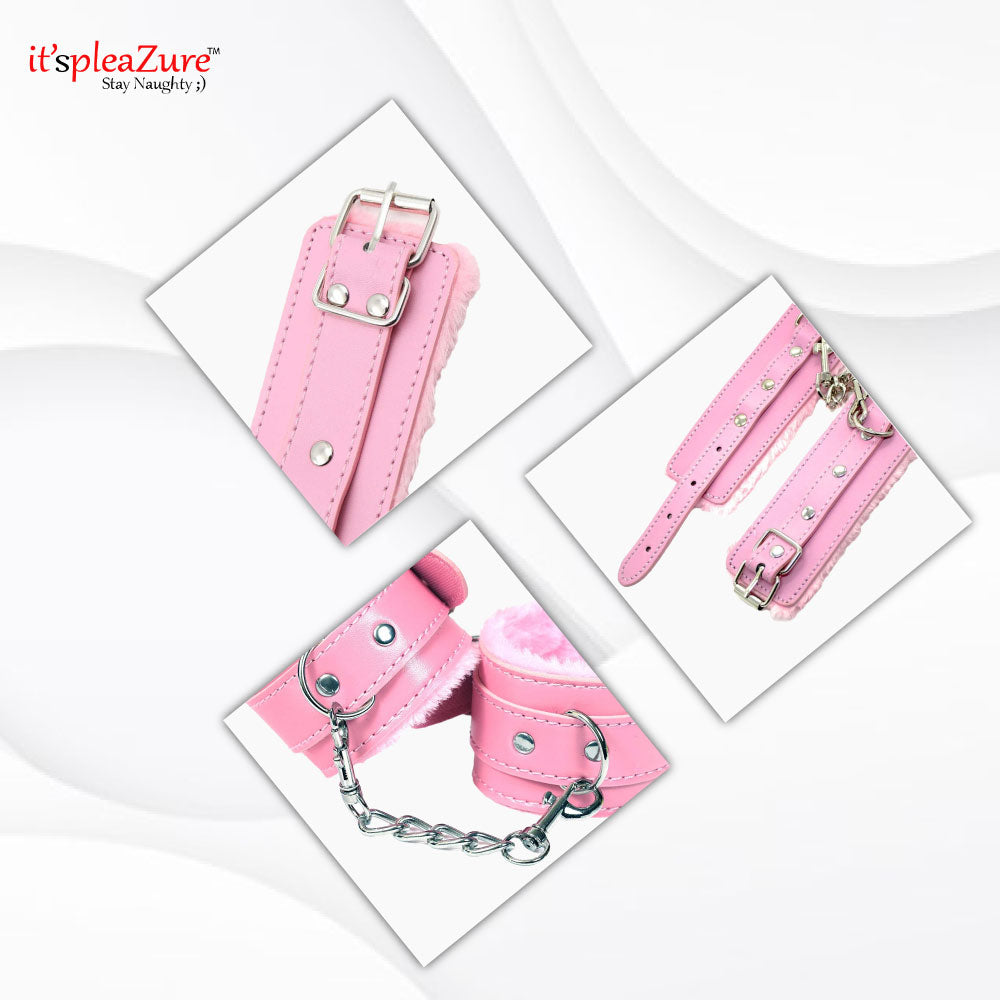 Leather And Fur Pink Hand Cuffs at Itspleazure
