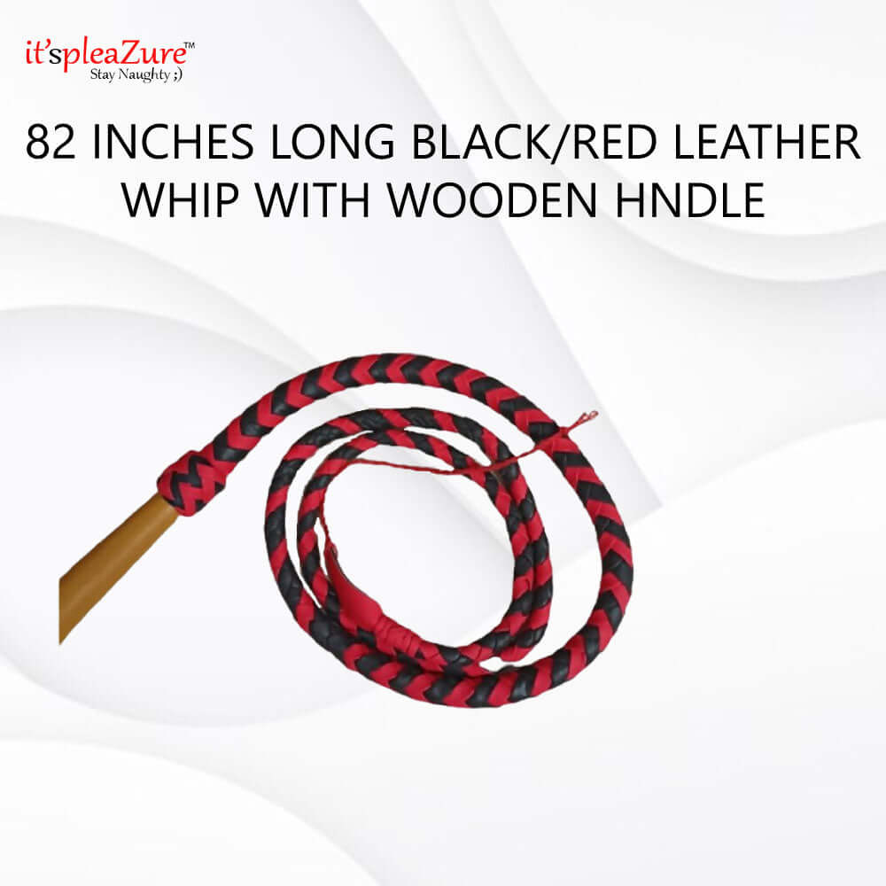 ItsPleazure 82 Inches Long Black and Red Leather Sex Whip With Wooden Handle