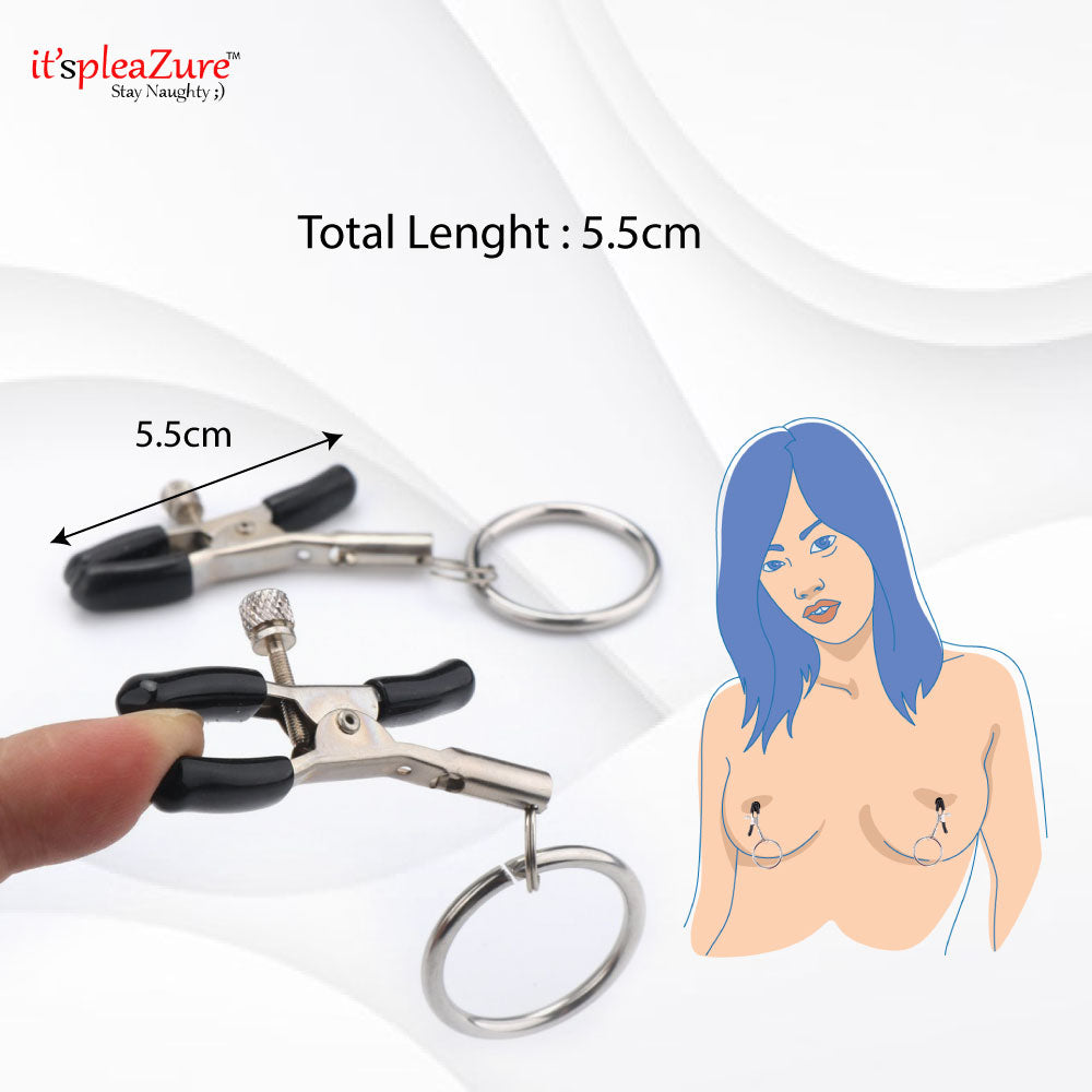 Black Nipple Clamps Clip with Ring for bondage pain at Itspleazure