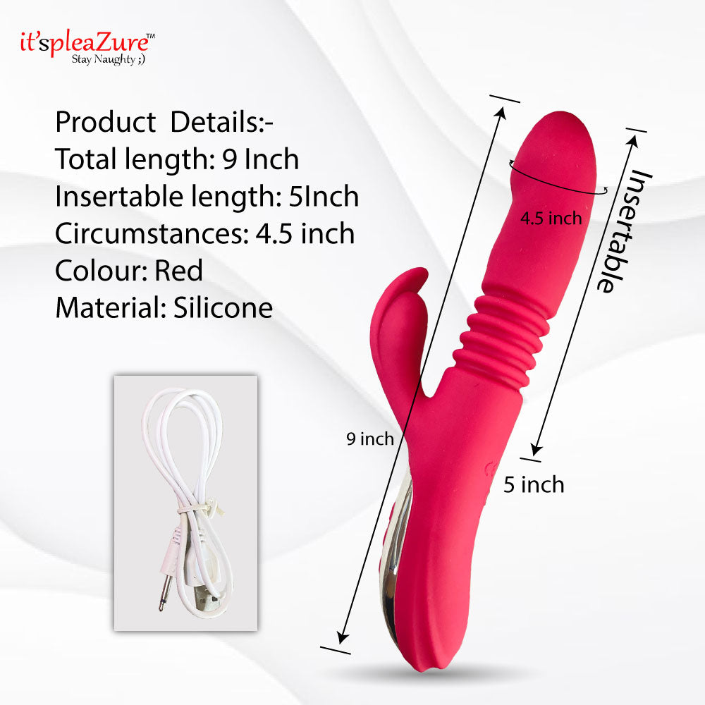 Dimensions: 9-inch length, 5-inch insertable, 4.5-inch circumference, red silicone vibrator