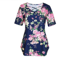 Asymmetric Hem Short Sleeves Vintage Floral Top for Women at itspleaZure