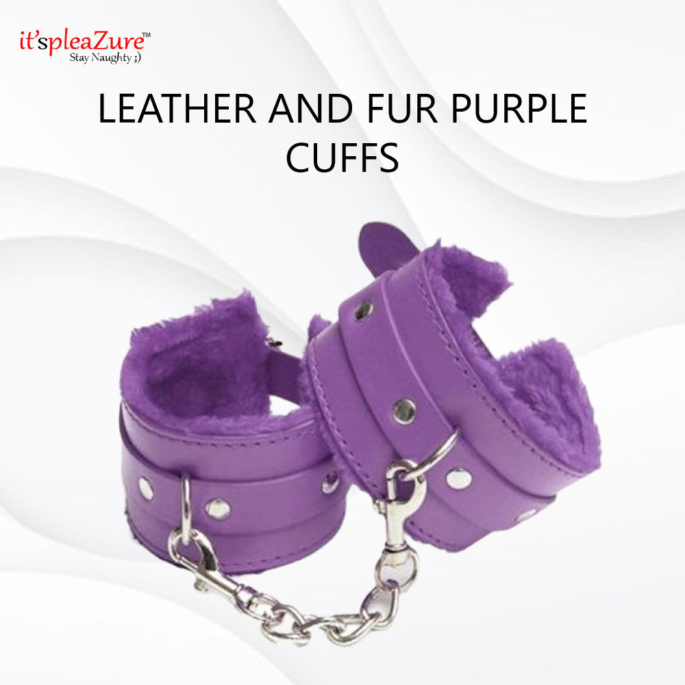 Leather And Fur Purple Hand Cuffs at Itspleazure
