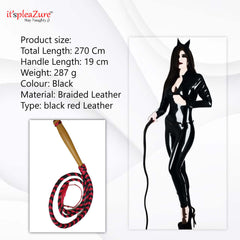 ItsPleazure 82 Inches Long Black and Red Leather Sex Whip With Wooden Handle