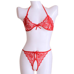 Pink Lace Open Crotchless Bra and Thong Bikini Set for Women at itspleaZure