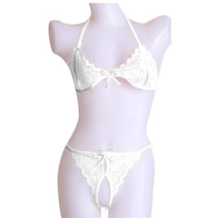 White Lace Open Crotchless Bra and Thong Bikini Set for Women at itspleaZure
