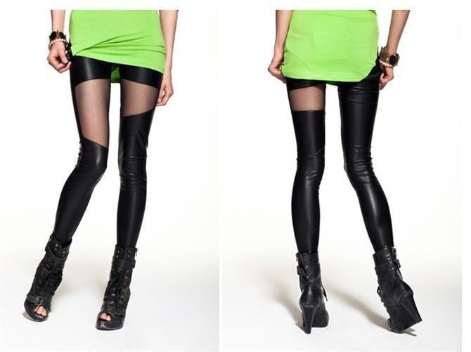 Black Mesh Cut Out Latex Leggings for Women at itspleaZure
