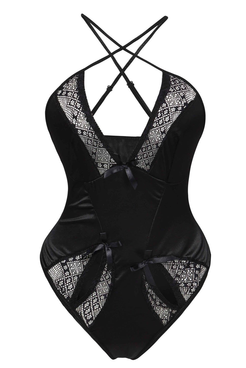 ItspleaZure Women's Gold Lace Detail Black Satin Teddy for  at itspleaZure