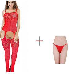 ItspleaZure Red Crotchless Fishnet Hollow Bodysuits Lingerie Body stocking & Free Thong (Q2MBS071RD_ARBT)